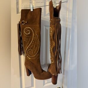 Michael Kors brown suede, to the knee studded fringe boots.